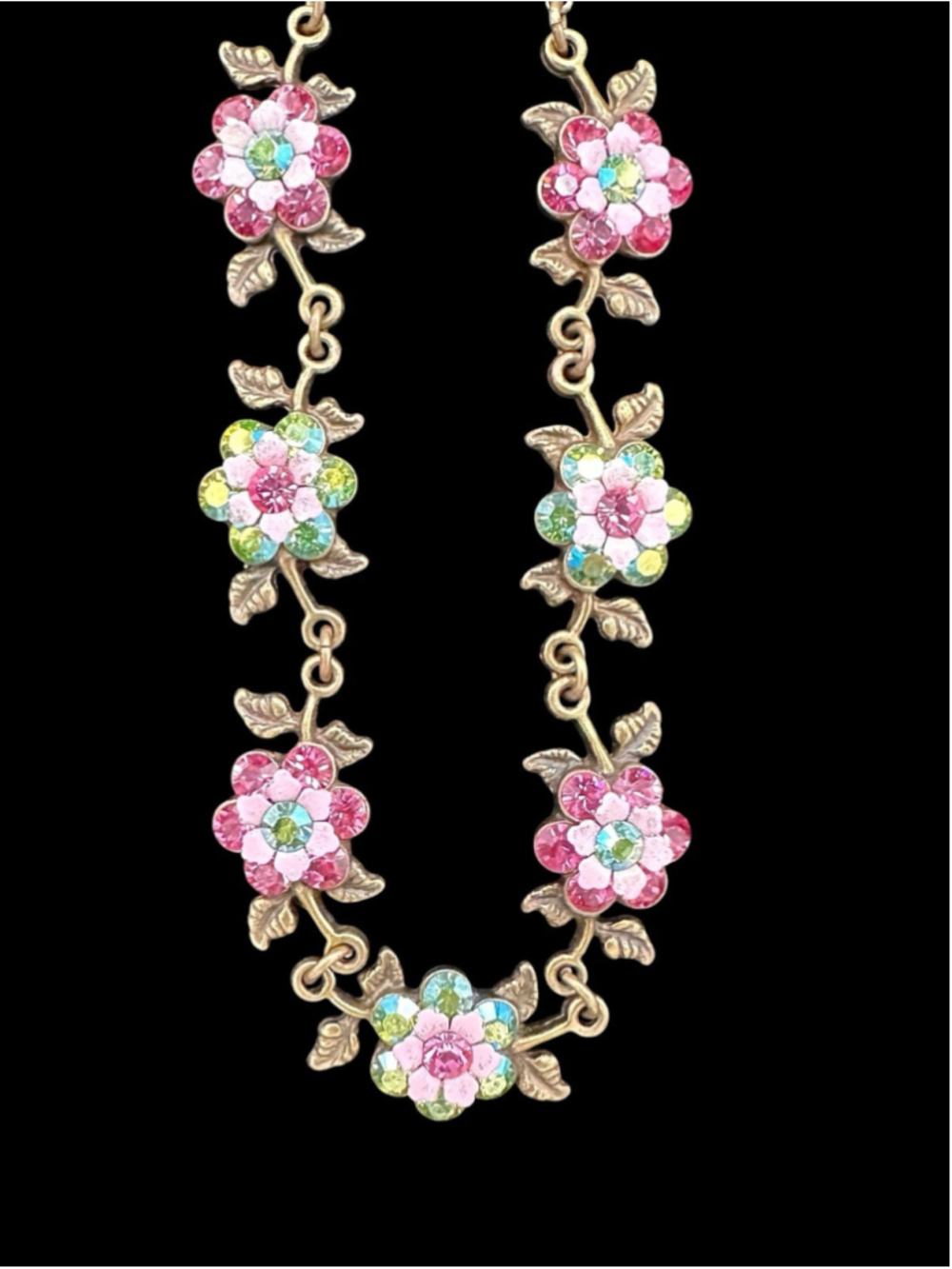 Michal Negrin Pink Floral Crystal Necklace Brass Enamel Flowers Signed 16-18”